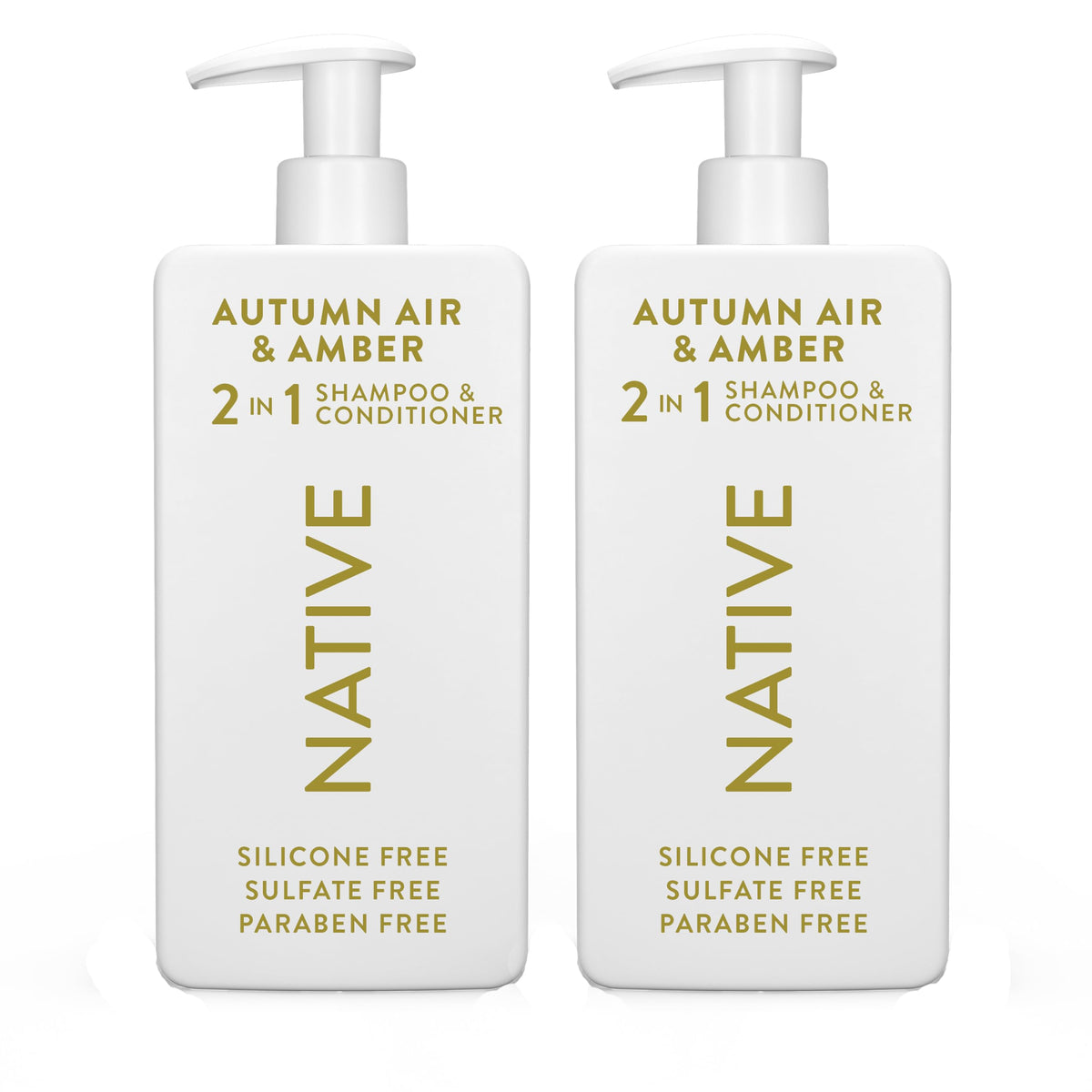 Native 2-in-1 shampoo and conditioner bottle with autumn air amber scent promotes refreshed hair.