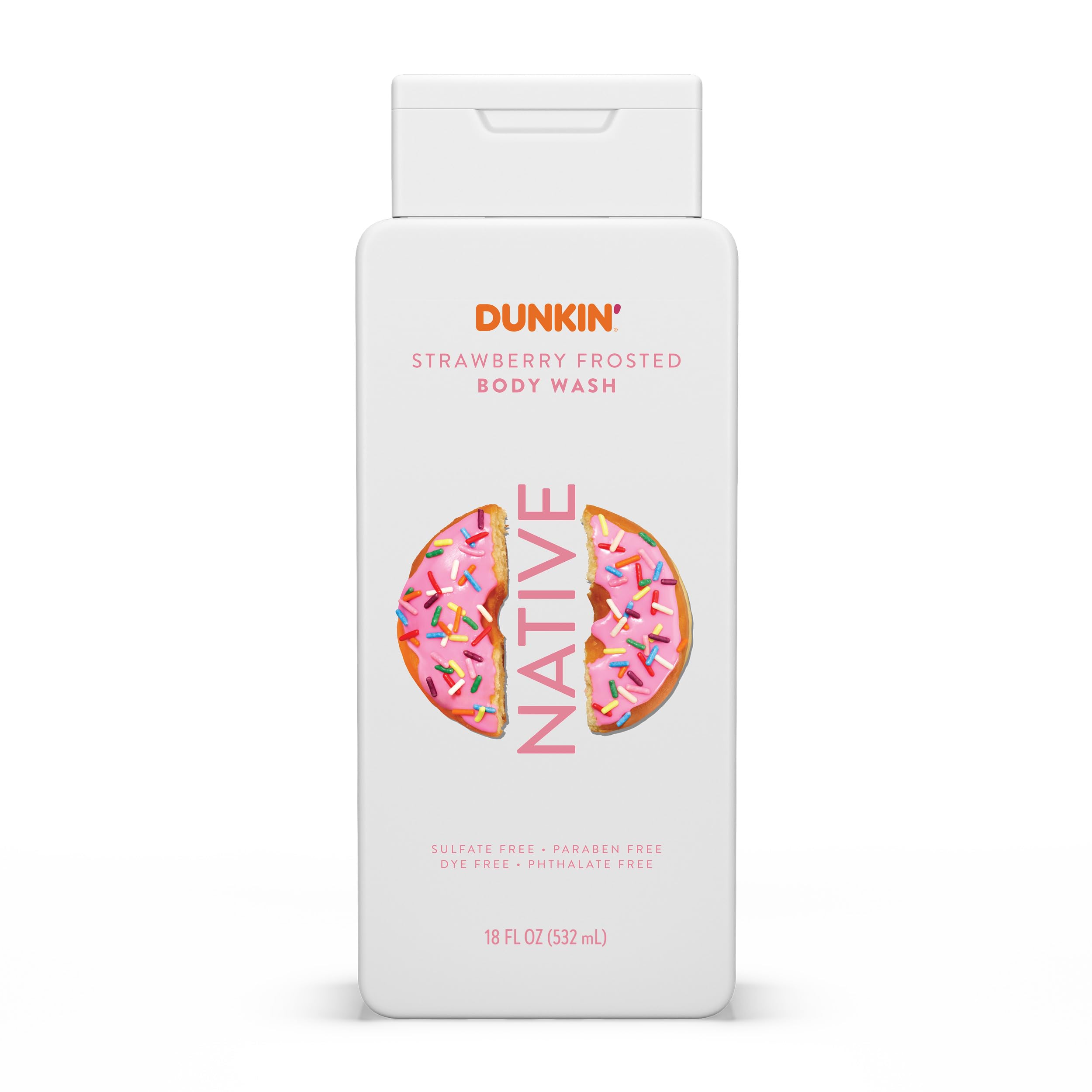 Gel de ducha Native Dunkin Fresa Glaseada, botella vertiendo para uso diario aromático