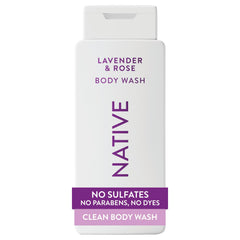Gel de ducha Native en botella lavanda-rosa para la ducha diaria.