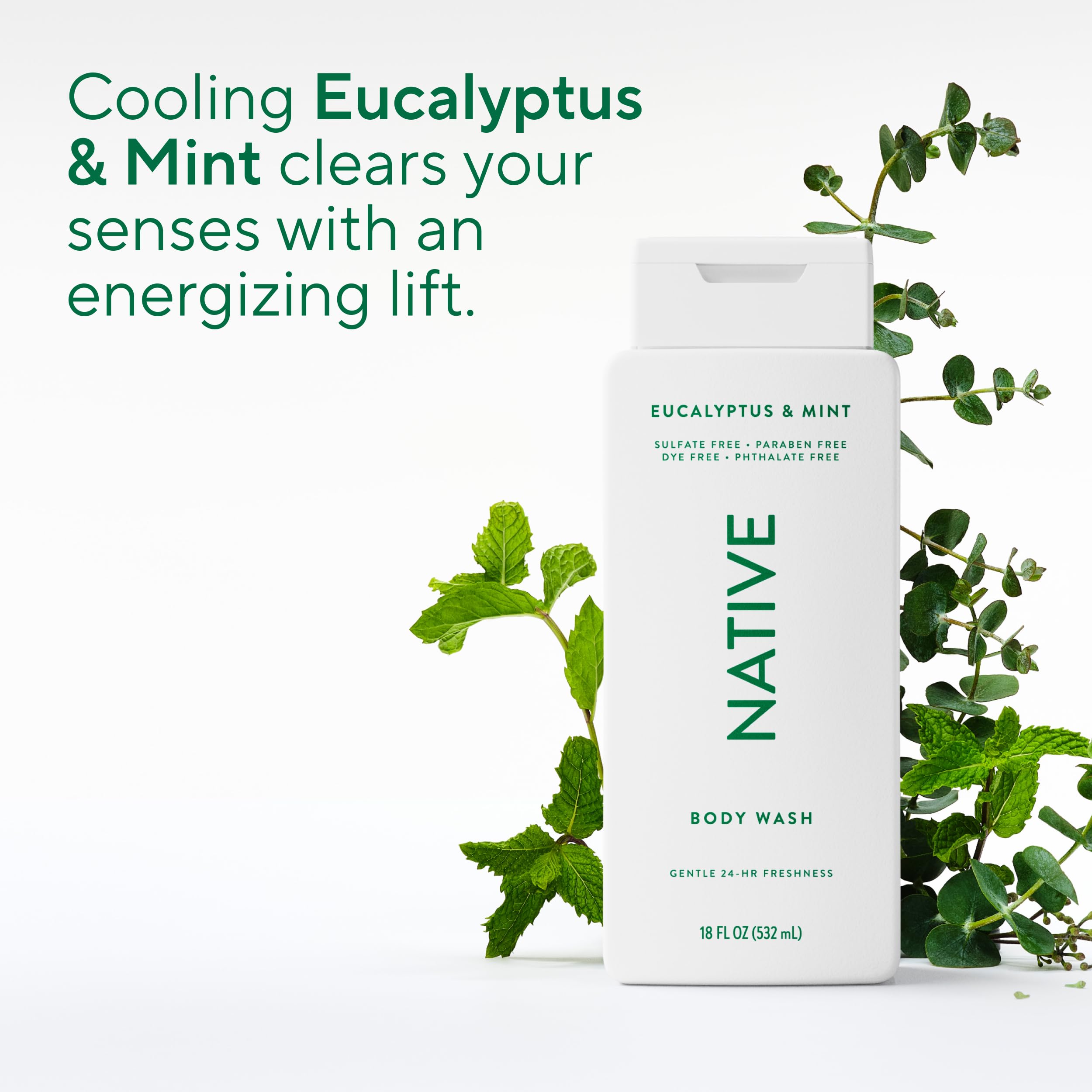 Aroma de menta y eucalipto en Native Body Wash para despertar sentidos.