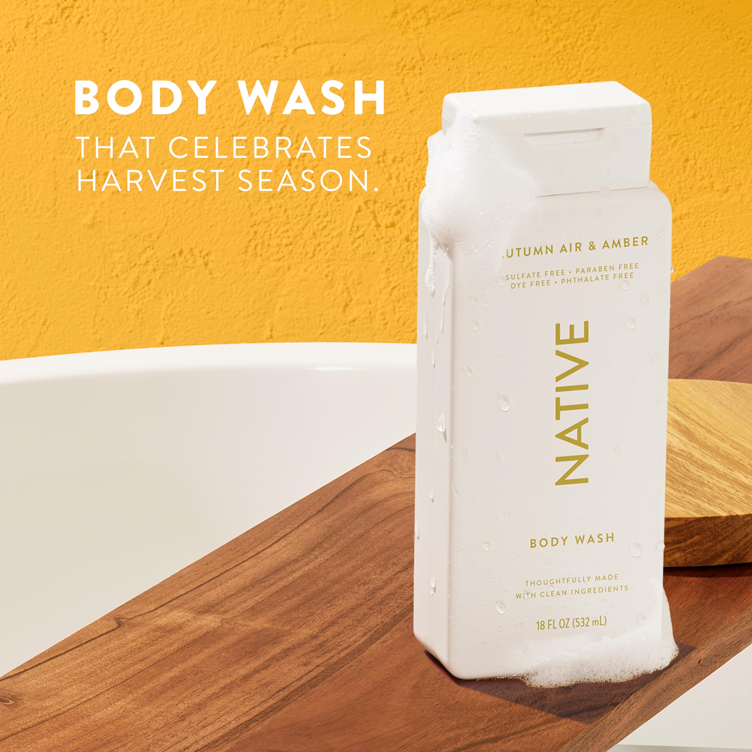 Native Body Wash Autumn Air and Amber lather showcasing hydrating plant-based cleansing