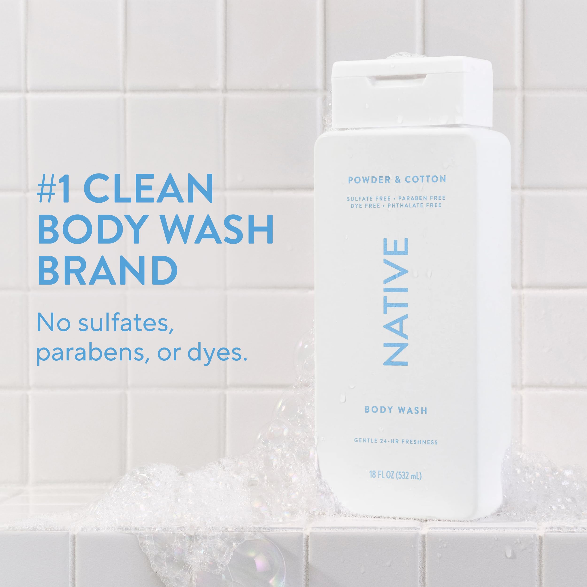Native Body Wash vertido, experiencia de ducha refrescante sin químicos agresivos