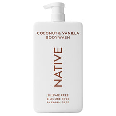 Native Body Wash Coco-Vainilla, botella: aroma tropical para spa en casa.