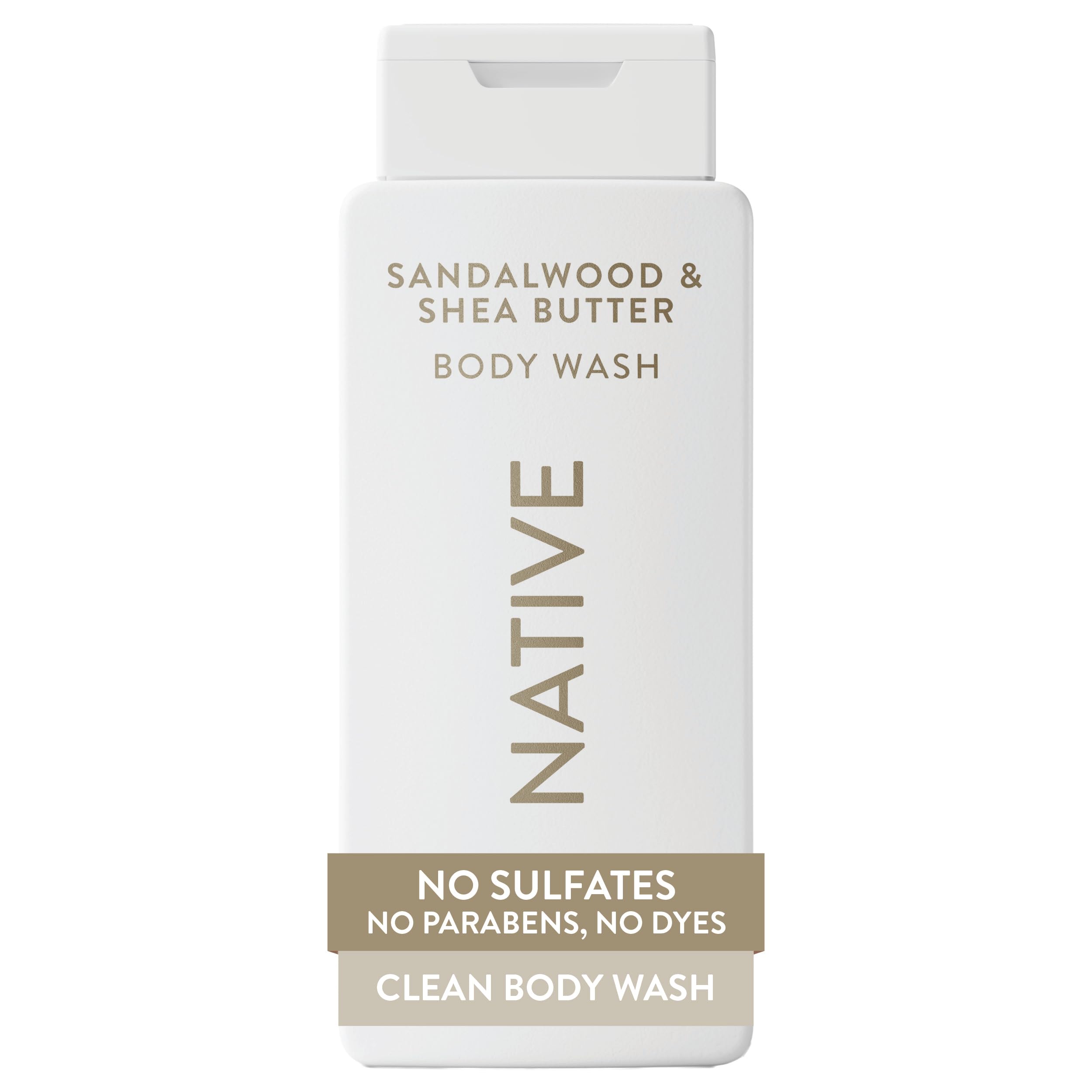 Native gel de ducha: ingredientes naturales visibles en la botella, piel suave e hidratada.