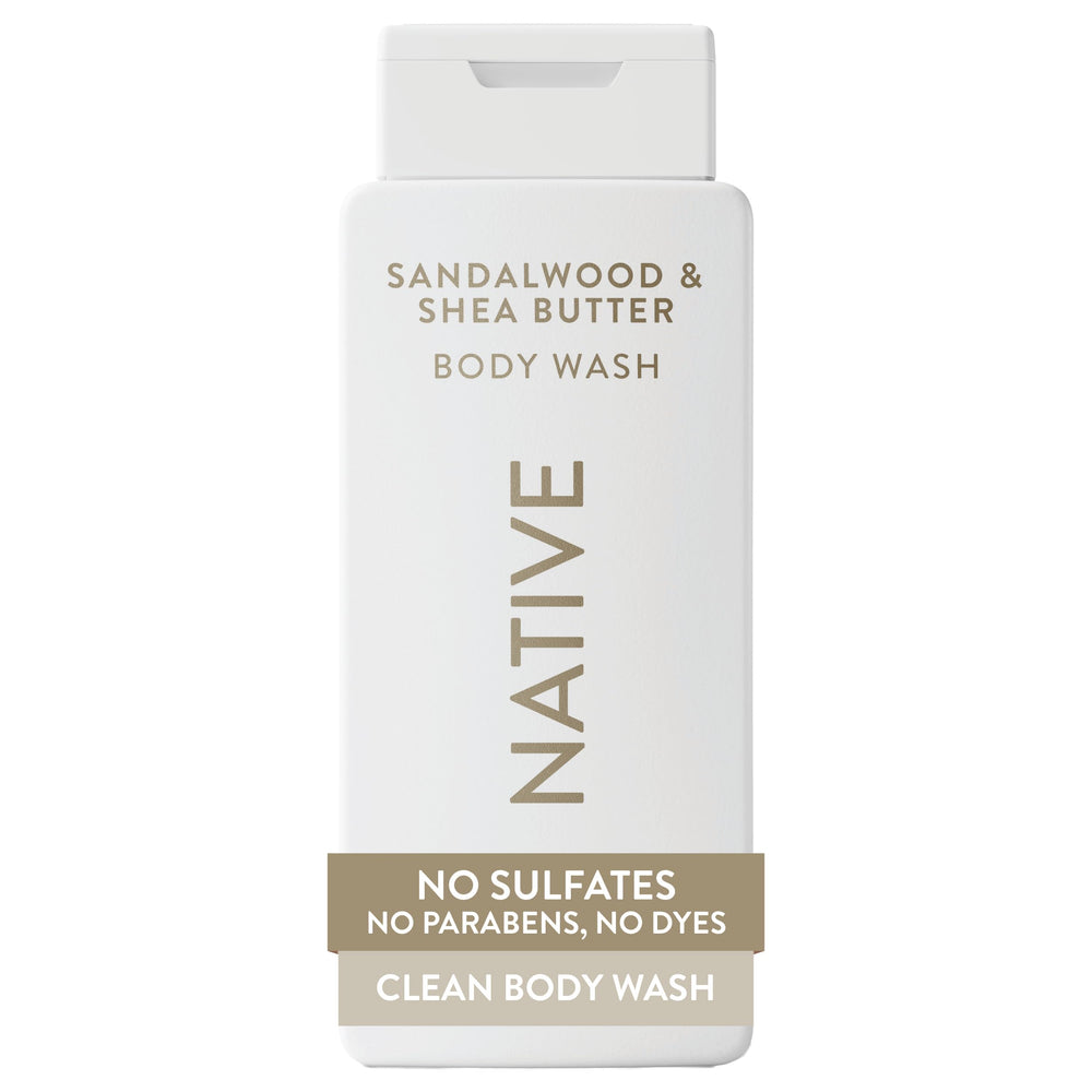 Native gel de ducha: ingredientes naturales visibles en la botella, piel suave e hidratada.