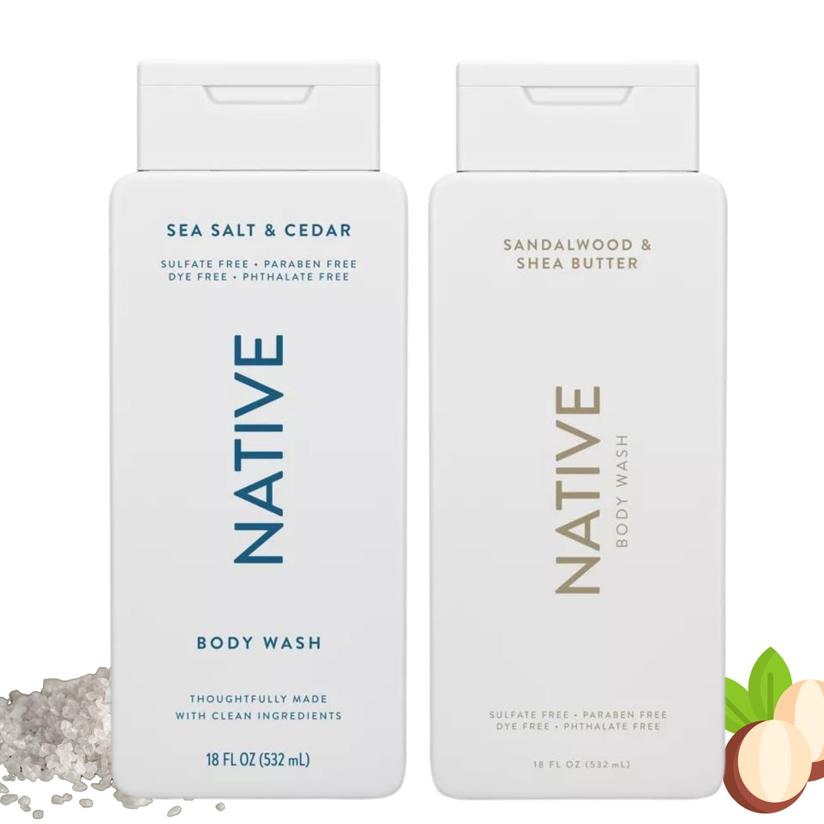 Native Body Wash Sandalwood and Shea Butter 18oz bottle, provides gentle cleansing.