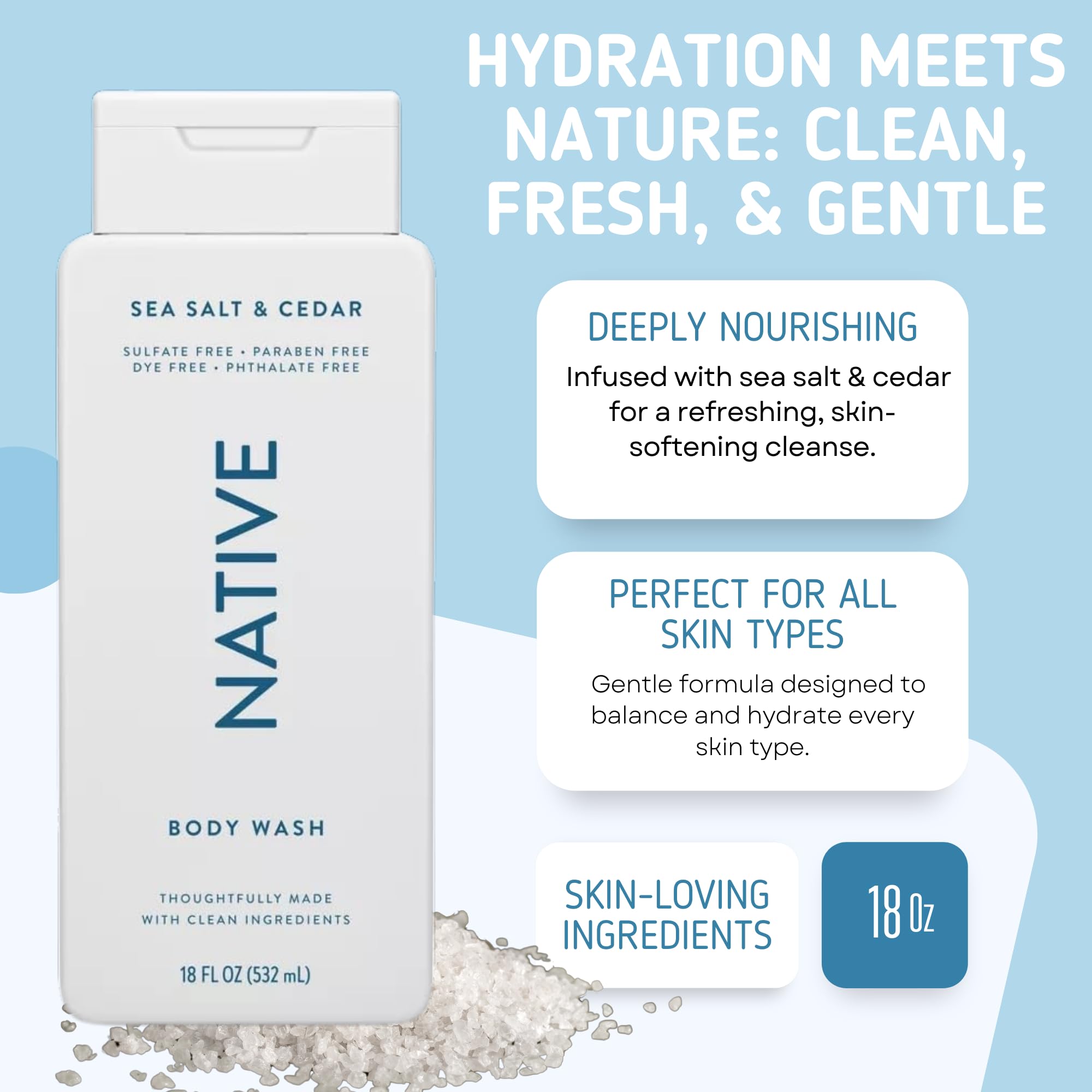 Native Body Wash Sea Salt and Cedar 18oz bottle with refreshing cleanse.