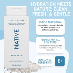 Native Body Wash Sea Salt and Cedar 18oz bottle with refreshing cleanse.