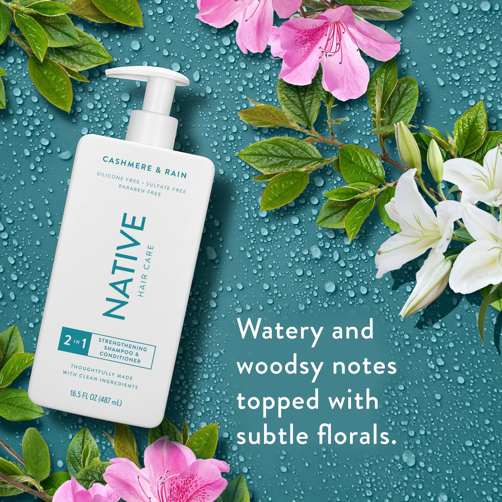 Native Cashmere and Rain 2N1 bottle close-up with focus on packaging