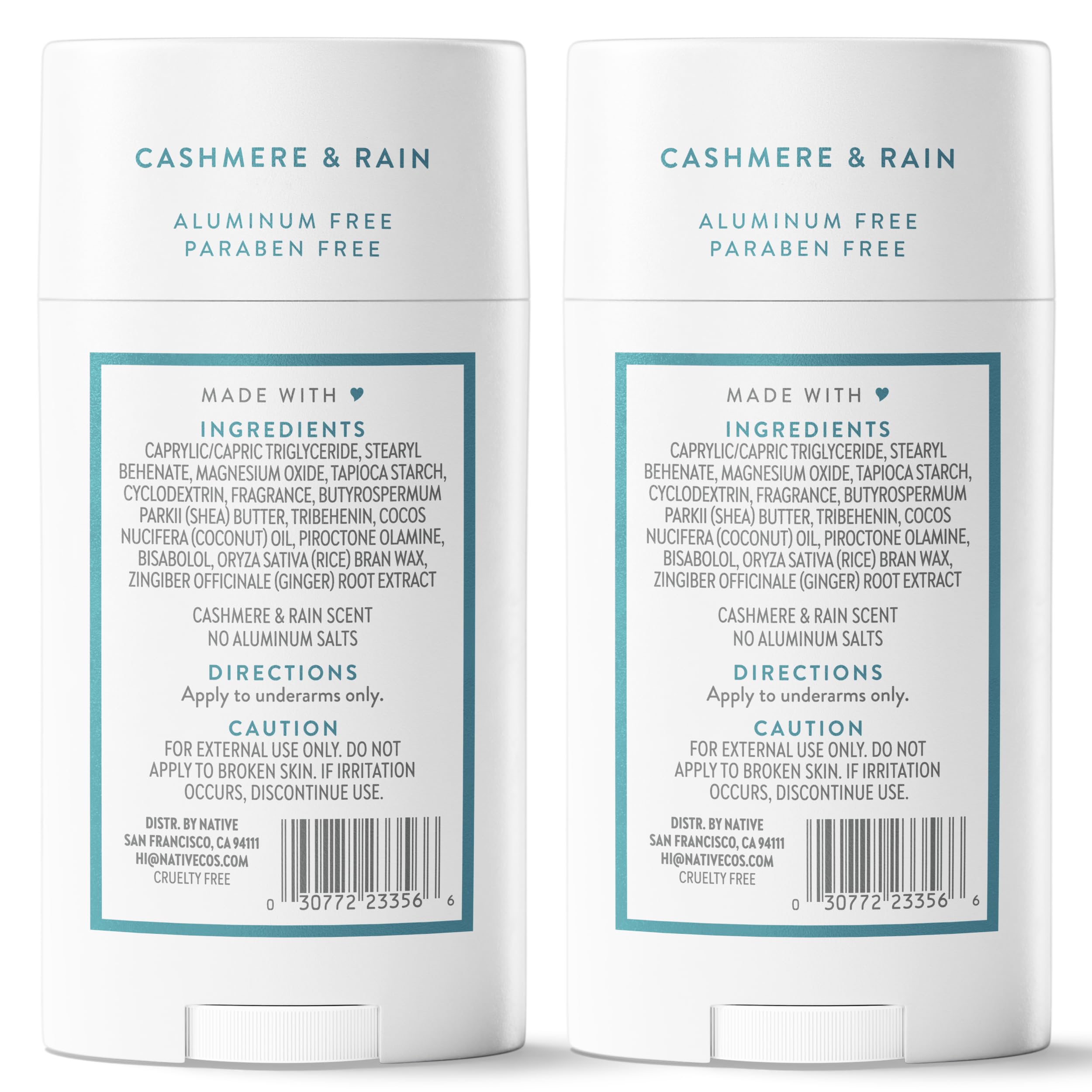 Packaging close-up of Native Cashmere & Rain twin pack, emphasizing aluminum-free formula.