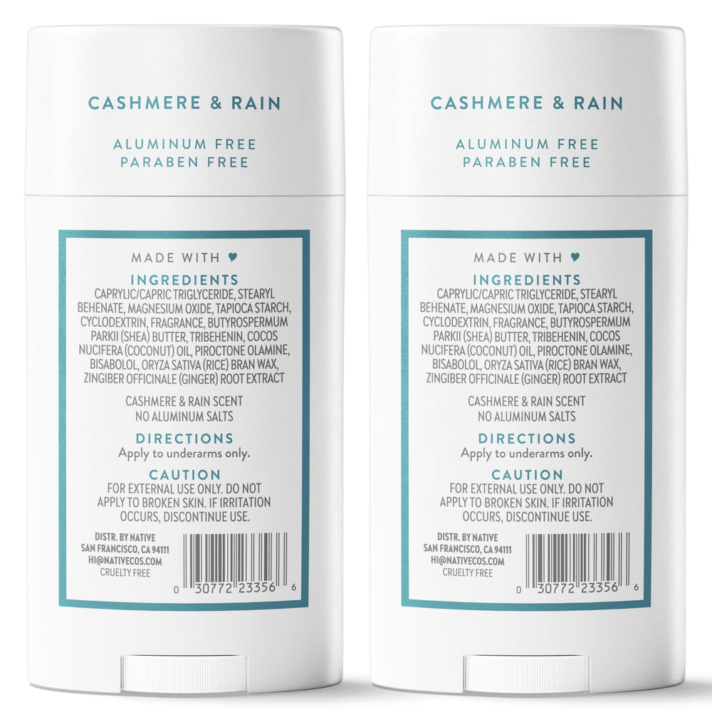 Packaging close-up of Native Cashmere & Rain twin pack, emphasizing aluminum-free formula.