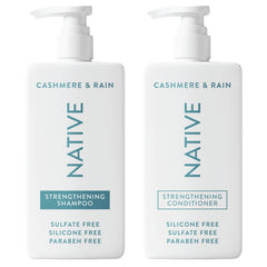 Native Cashmere Rain shampoo bottle on shelf for daily cleansing