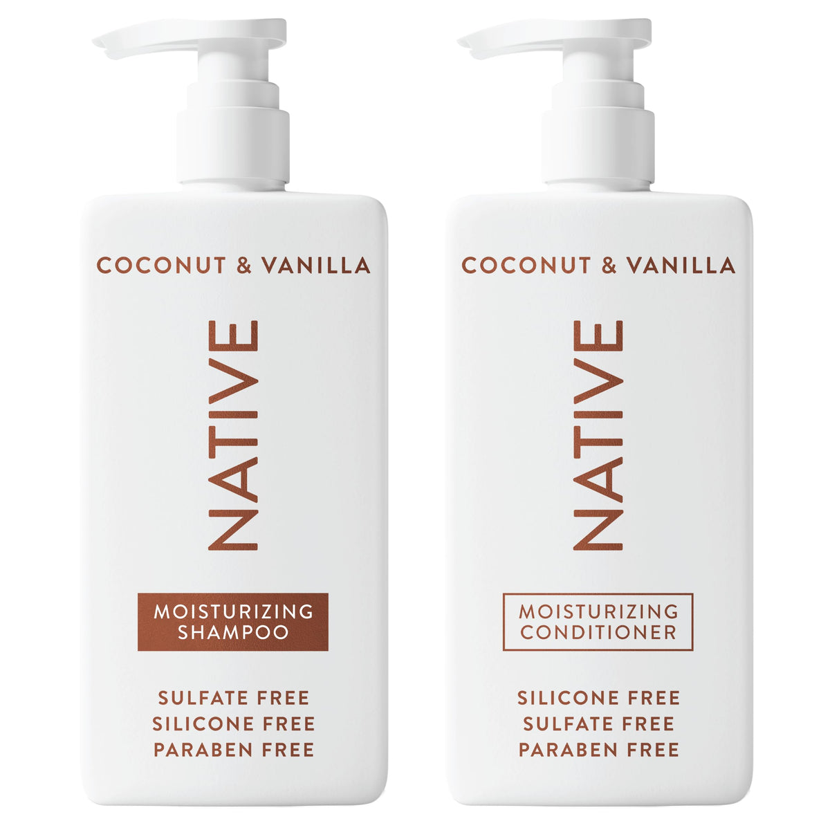 Botella de champú Native Coco y Vainilla para cabello suave y nutrido.