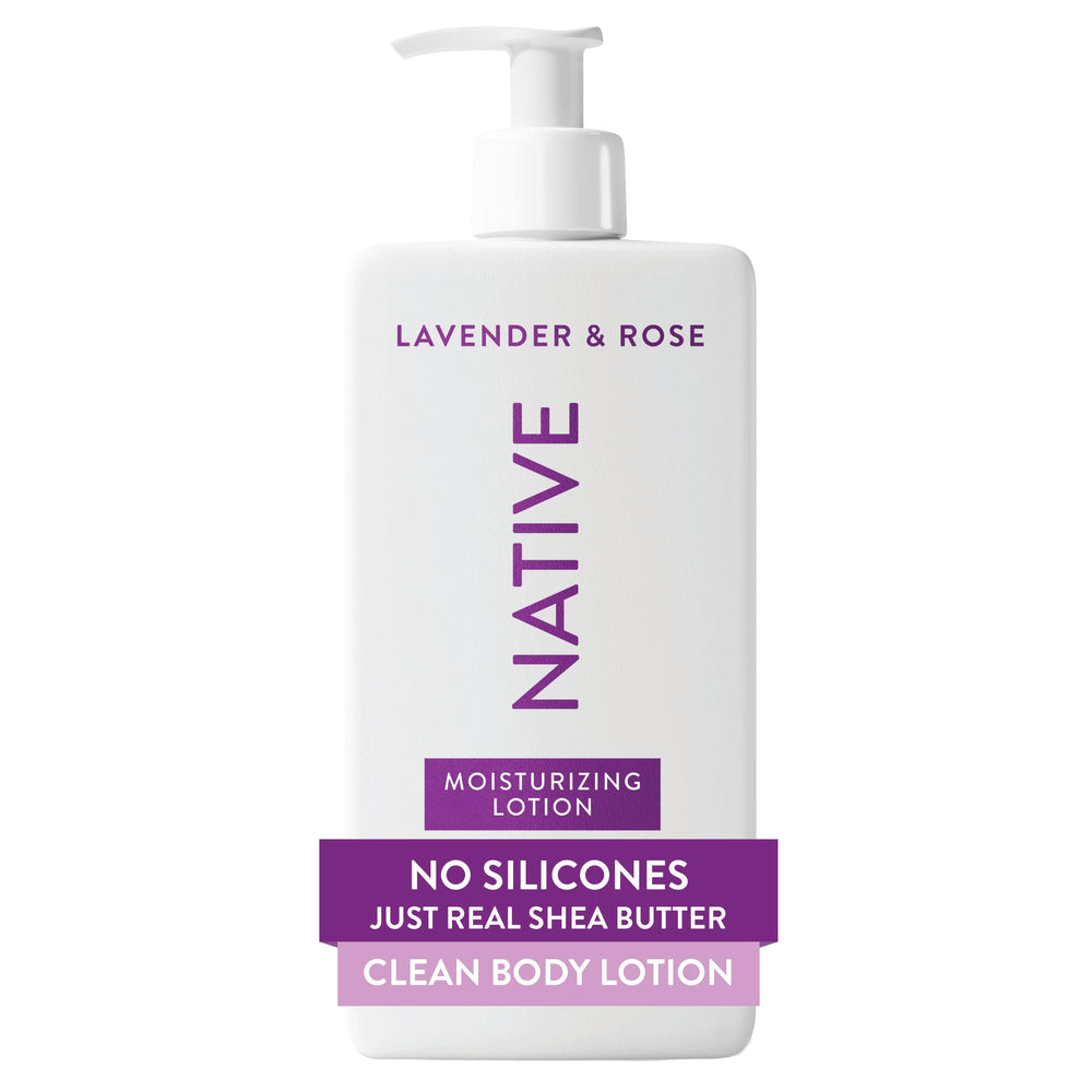 Native crema corporal, frasco frontal, hidrata y suaviza la piel con lavanda y rosas.