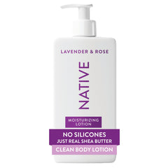 Native crema corporal, frasco frontal, hidrata y suaviza la piel con lavanda y rosas.