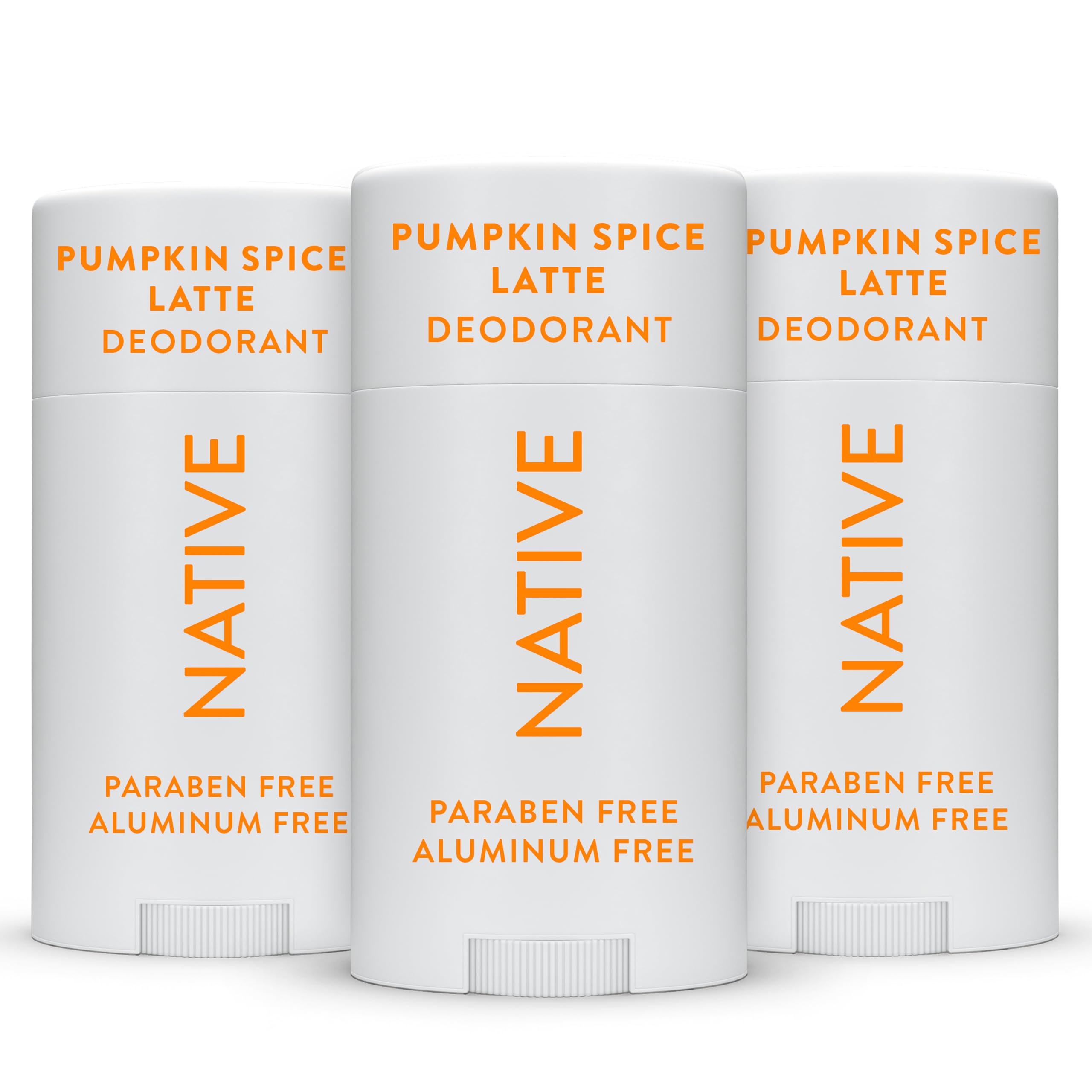 Native Pumpkin Spice deodorant 3-pack featuring aluminum-free formula and long-lasting odor protection