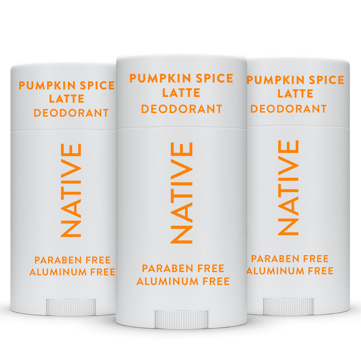 Native Pumpkin Spice deodorant 3-pack featuring aluminum-free formula and long-lasting odor protection