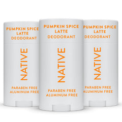 Native Pumpkin Spice deodorant 3-pack featuring aluminum-free formula and long-lasting odor protection