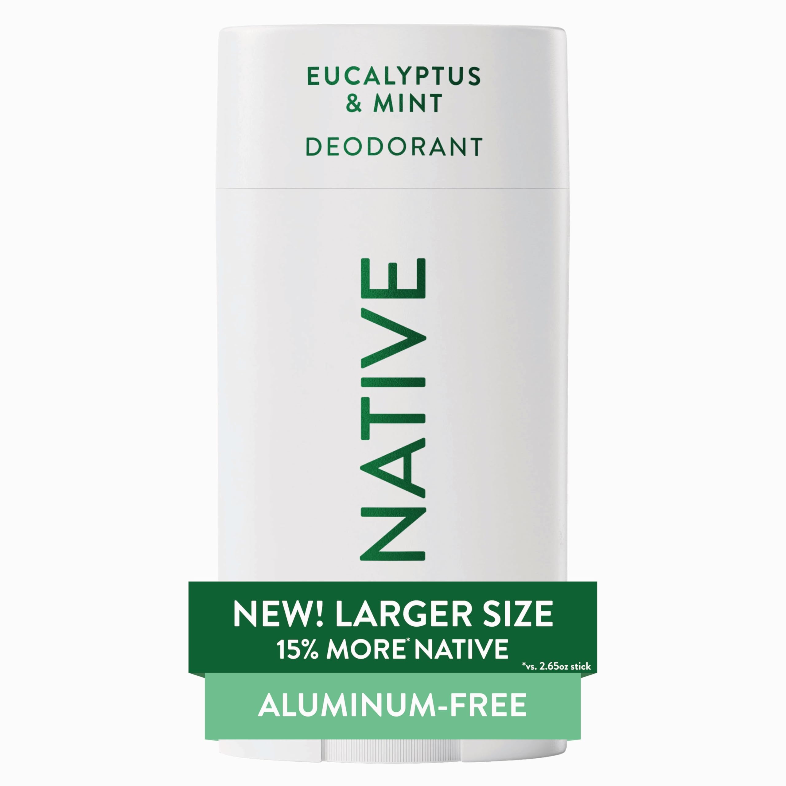Native Desodorante aluminio libre con menta eucalipto, aroma fresco para uso diario.