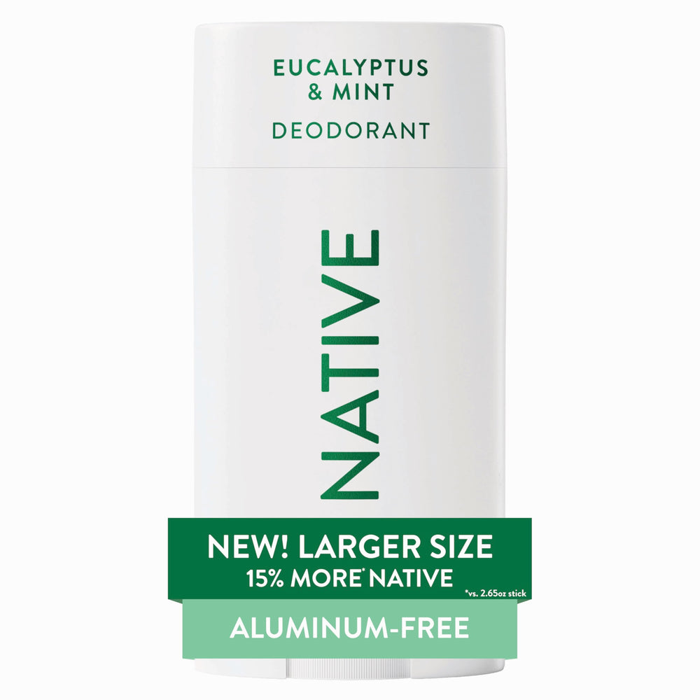 Native Desodorante aluminio libre con menta eucalipto, aroma fresco para uso diario.