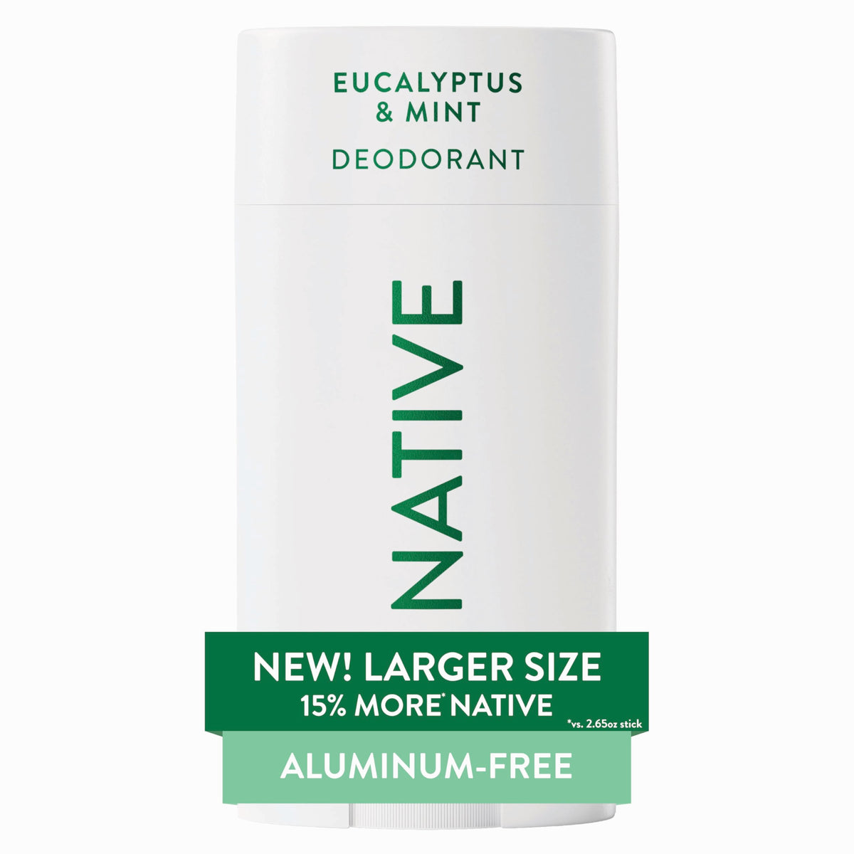 Native Desodorante aluminio libre con menta eucalipto, aroma fresco para uso diario.