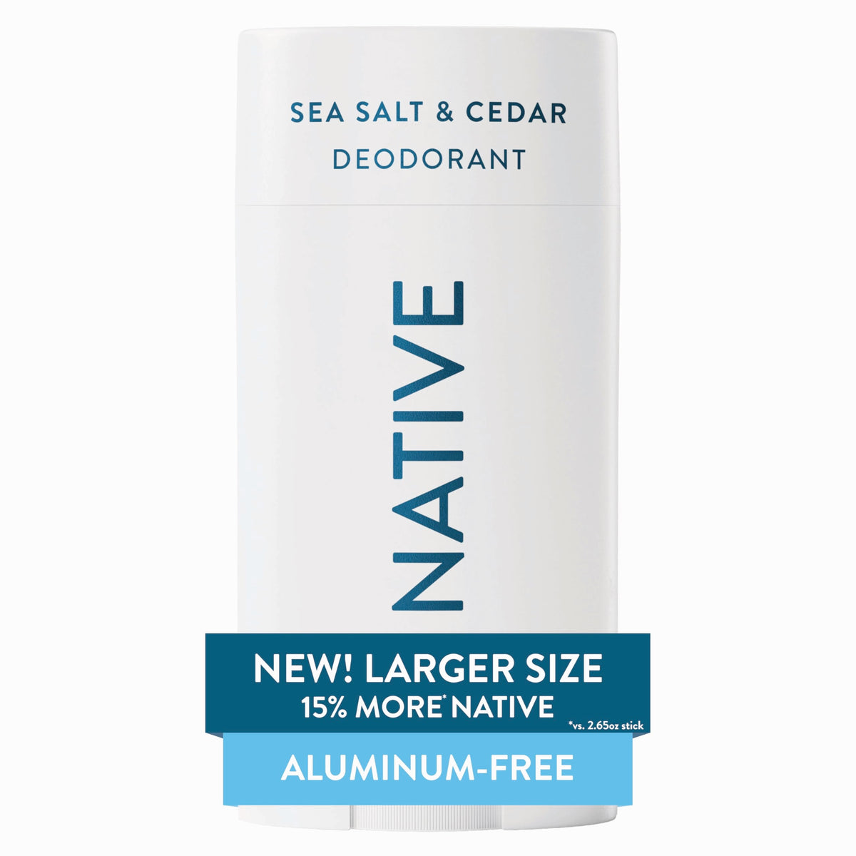 Native desodorante barra sin aluminio; envase compacto para uso diario.