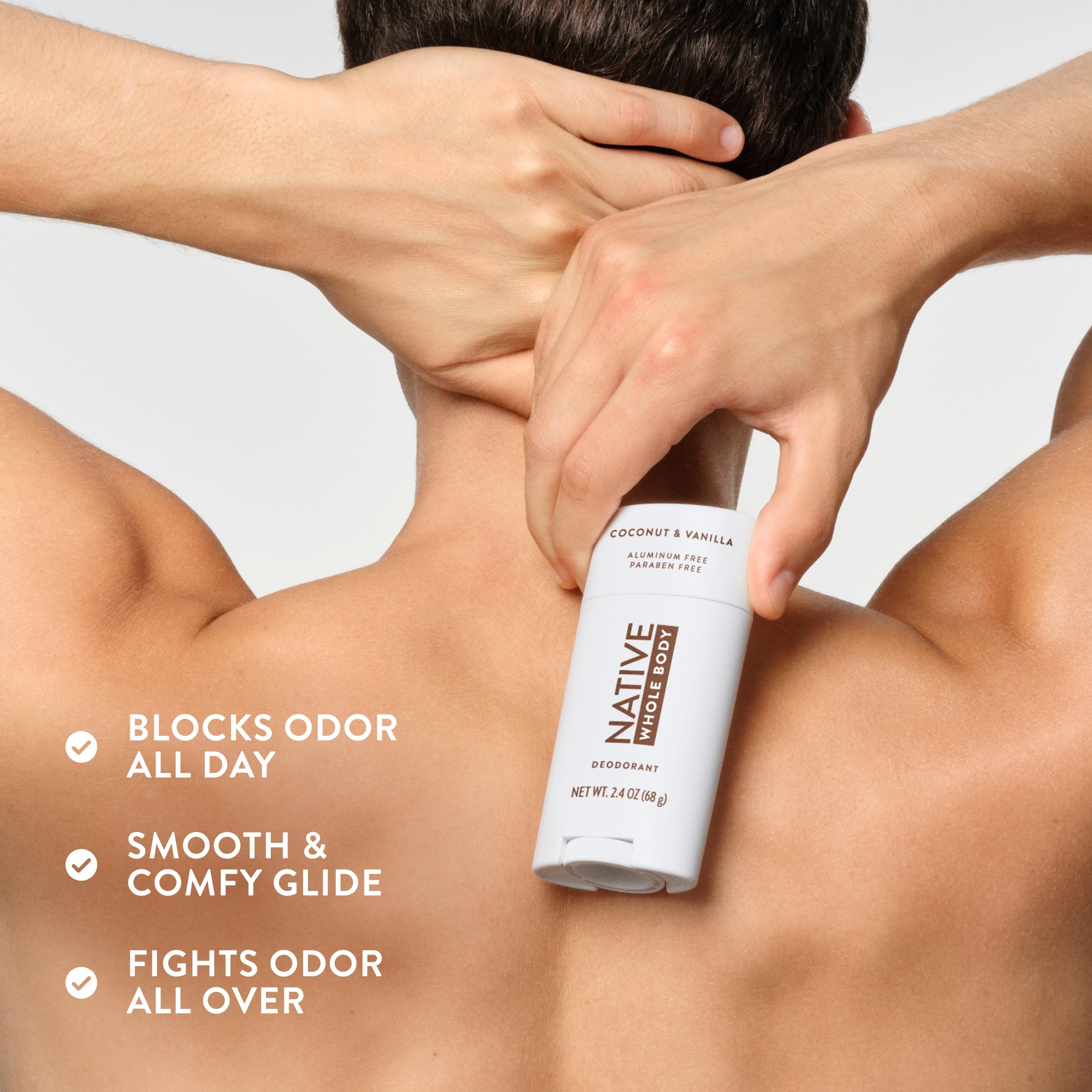 Native desodorante barra con ingredientes naturales para piel sensible.