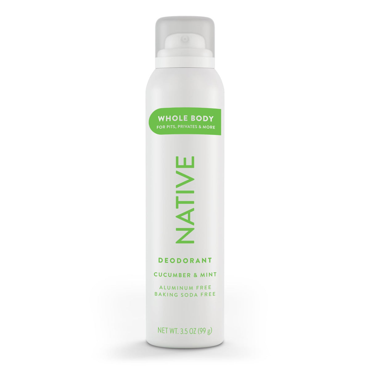 Native Desodorante corporal spray, botella frontal, protección de olor duradera todo el día.