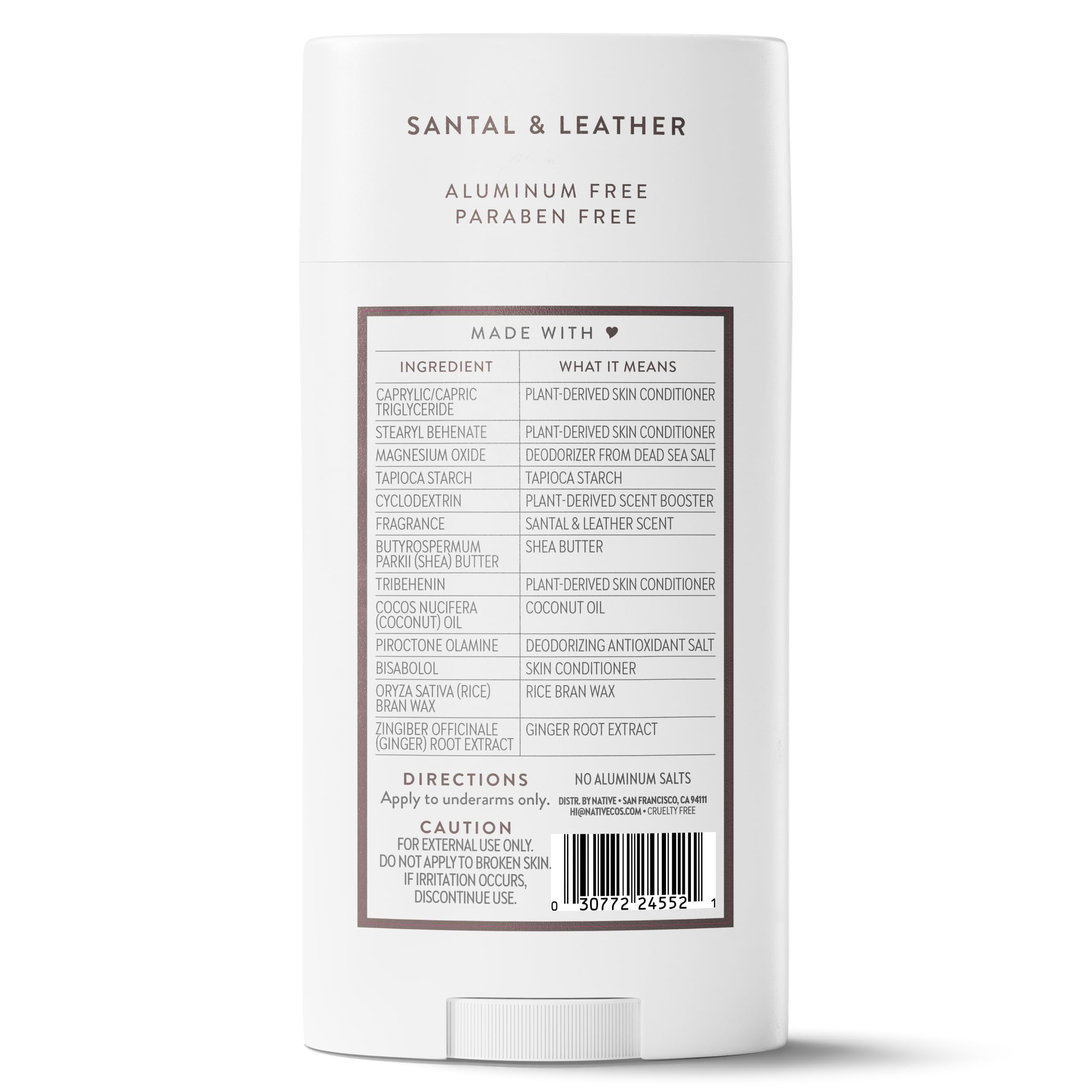 Native Desodorante Santal y Cuero, sin aluminio para piel sensible.