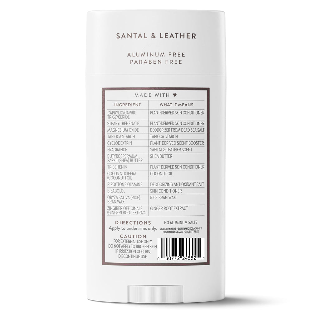 Native Desodorante Santal y Cuero, sin aluminio para piel sensible.