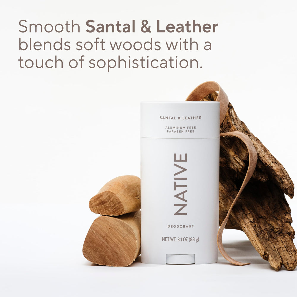 Native Desodorante Santal y Cuero, sin bicarbonato para piel sensible.