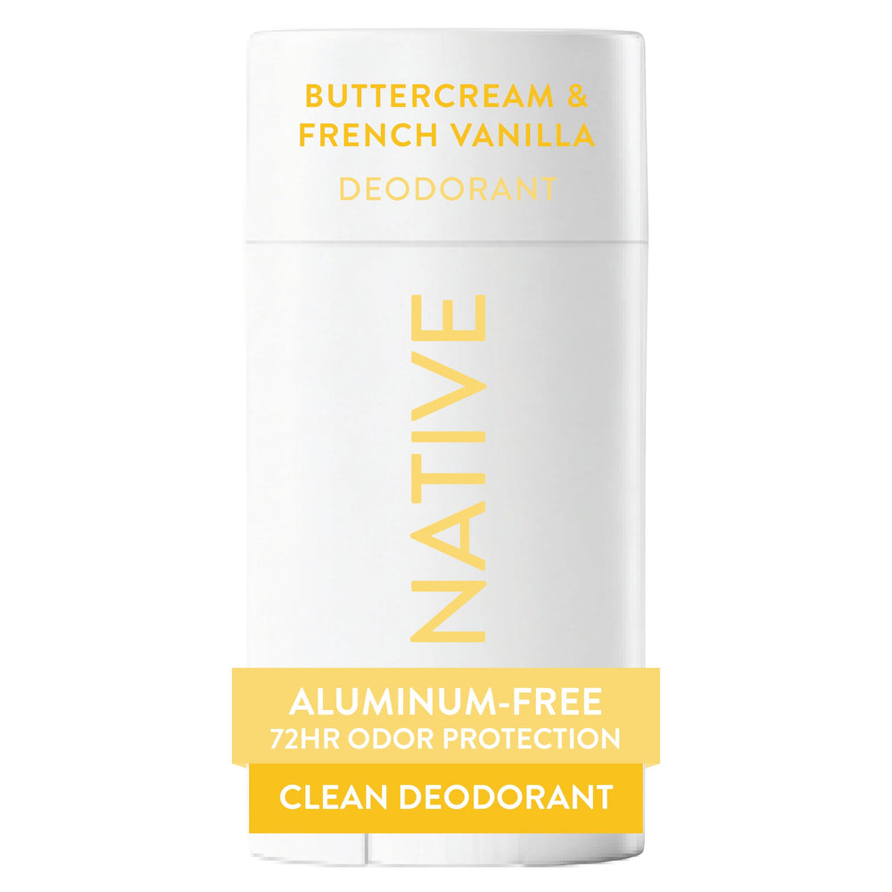 Desodorante Native sin aluminio Buttercream‑Vanilla en botella, protección duradera para uso diario.