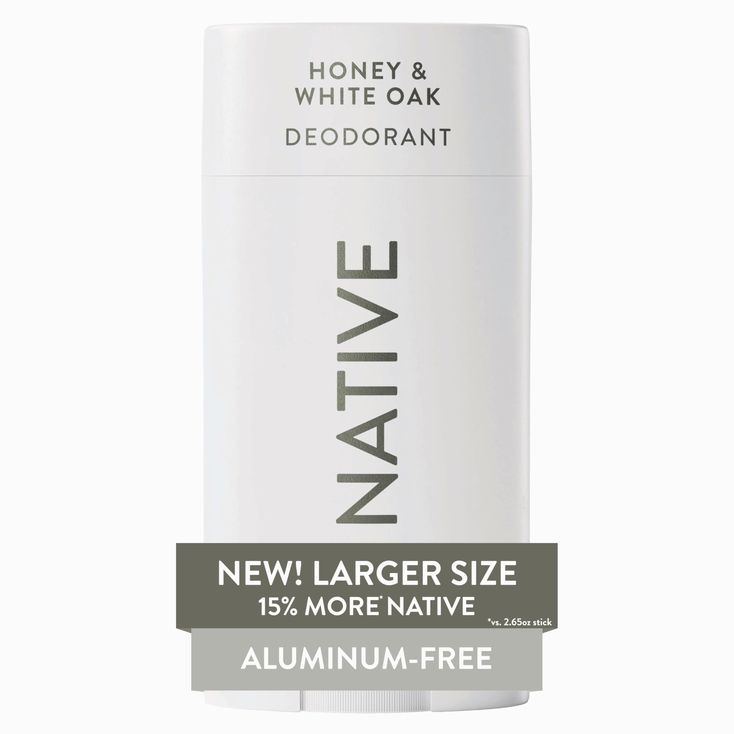 Native desodorante miel y roble blanco, aplicación suave sin residuos blancos.