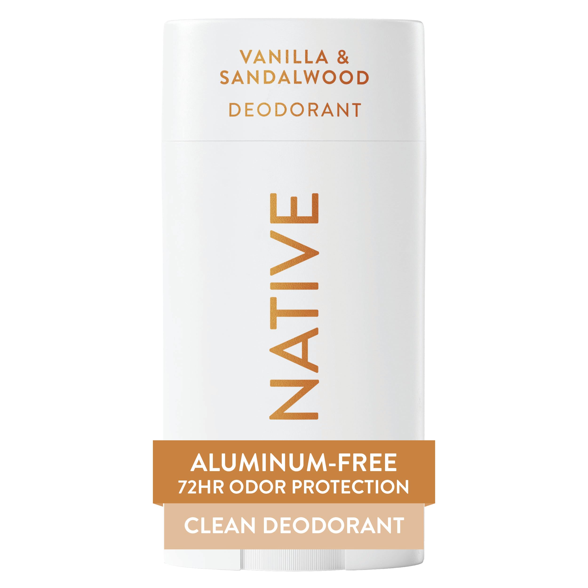 Native desodorante vainilla sándalo, botella: aroma cálido y protección diaria sin irritación.