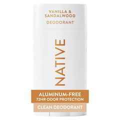 Native desodorante vainilla sándalo, botella: aroma cálido y protección diaria sin irritación.