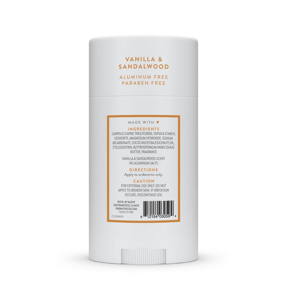 Native desodorante vainilla sándalo, fórmula natural para una sensación de frescura constante.
