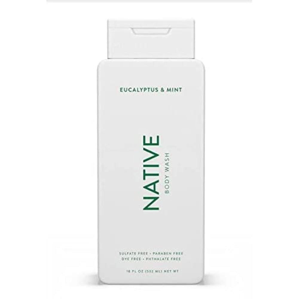 Native gel de baño eucalipto y menta, botella lista para una ducha fresca.