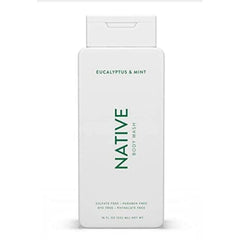 Native gel de baño eucalipto y menta, botella lista para una ducha fresca.
