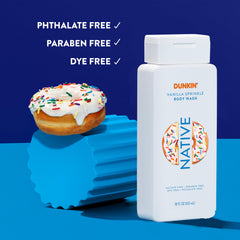 Native gel de ducha Dunkin Vainilla Espolvoreada etiqueta frontal, aroma envolvente
