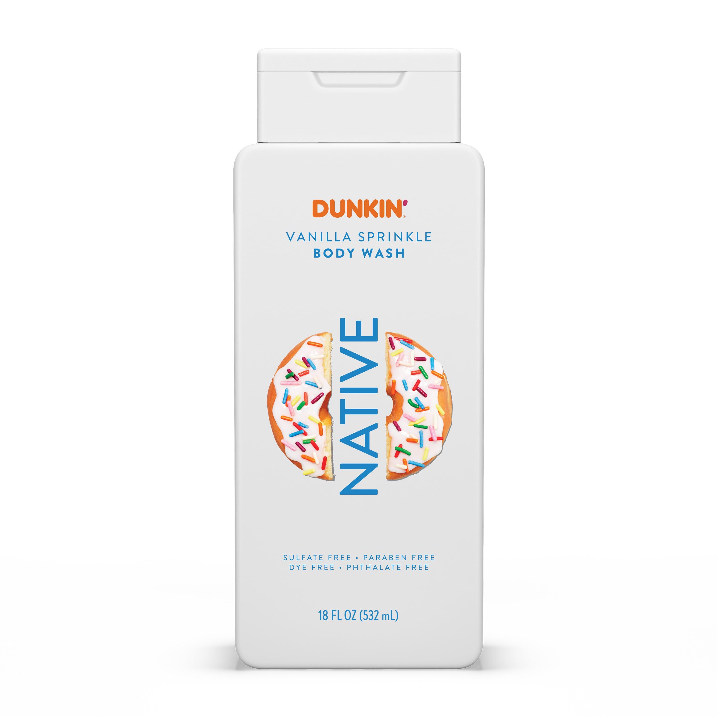 Native gel de ducha Dunkin Vainilla Espolvoreada frente a la botella, aroma tentador y limpieza suave