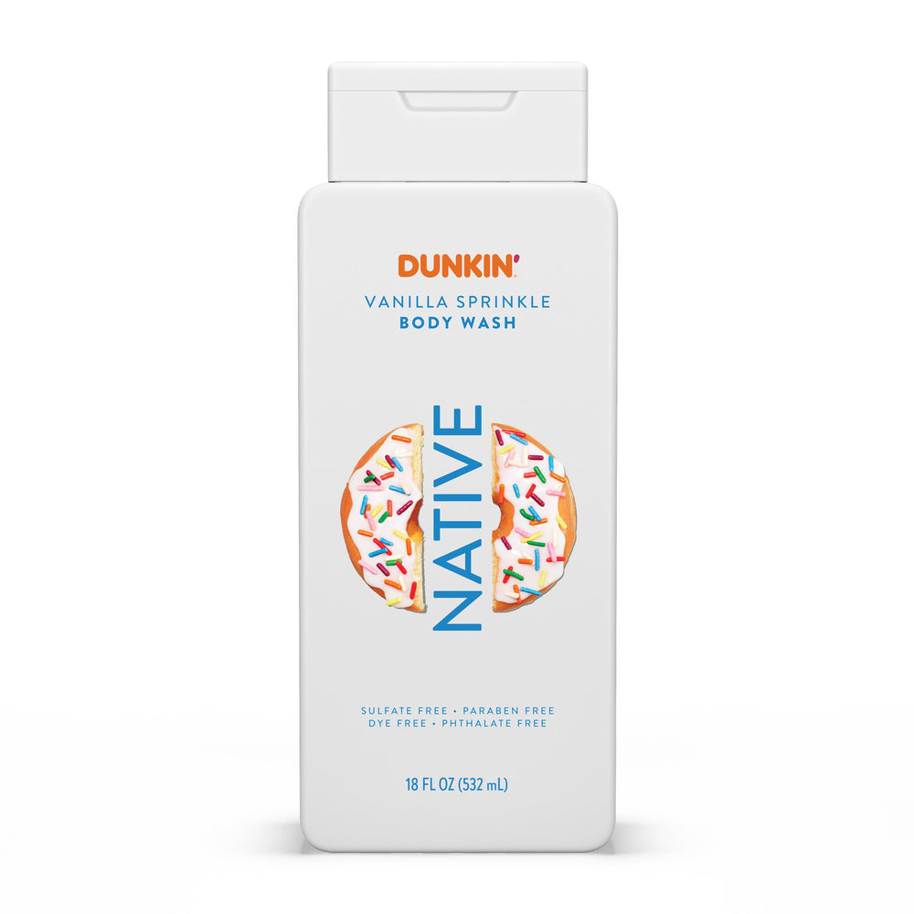 Native gel de ducha Dunkin Vainilla Espolvoreada frente a la botella, aroma tentador y limpieza suave