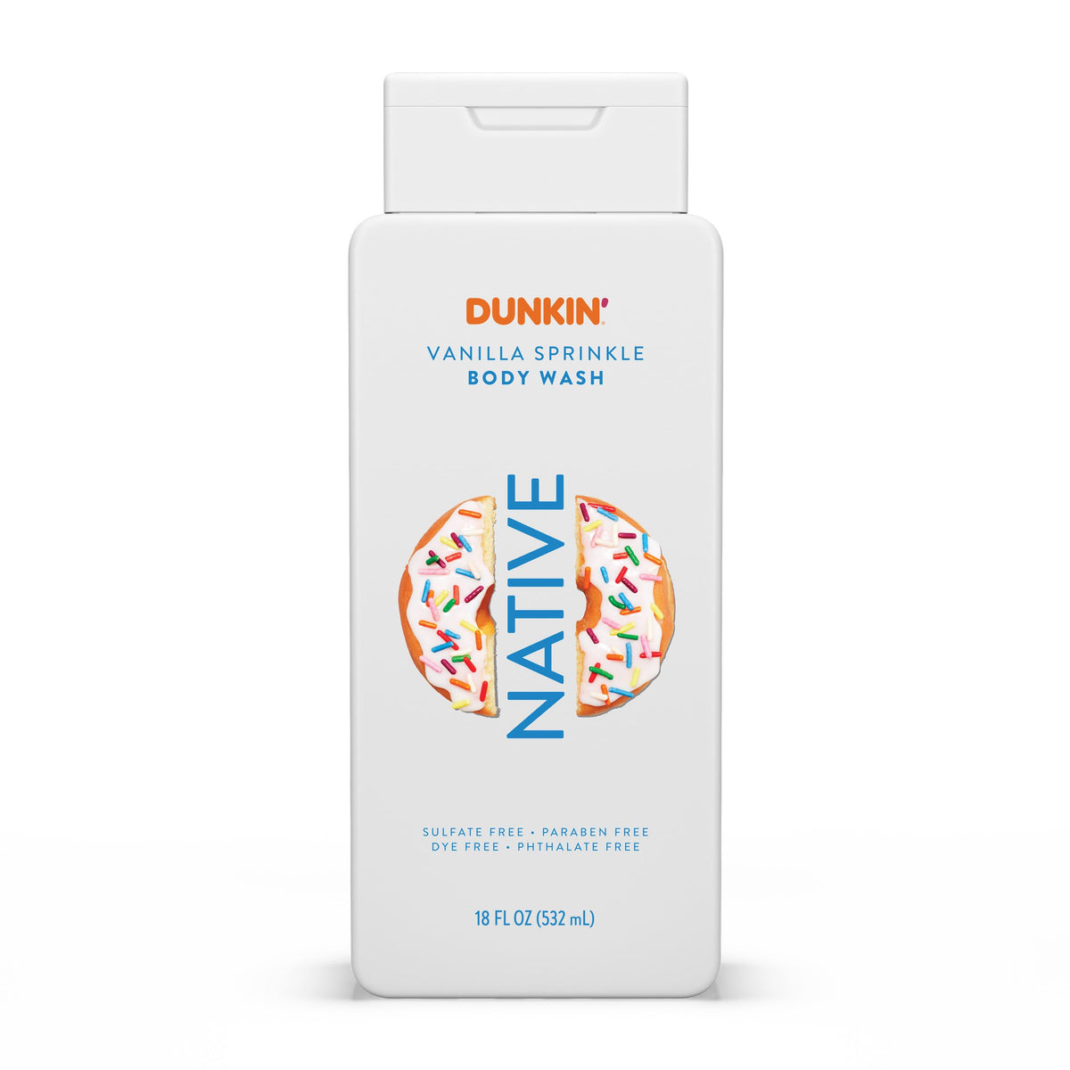 Native gel de ducha Dunkin Vainilla Espolvoreada frente a la botella, aroma tentador y limpieza suave