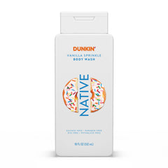 Native gel de ducha Dunkin Vainilla Espolvoreada frente a la botella, aroma tentador y limpieza suave
