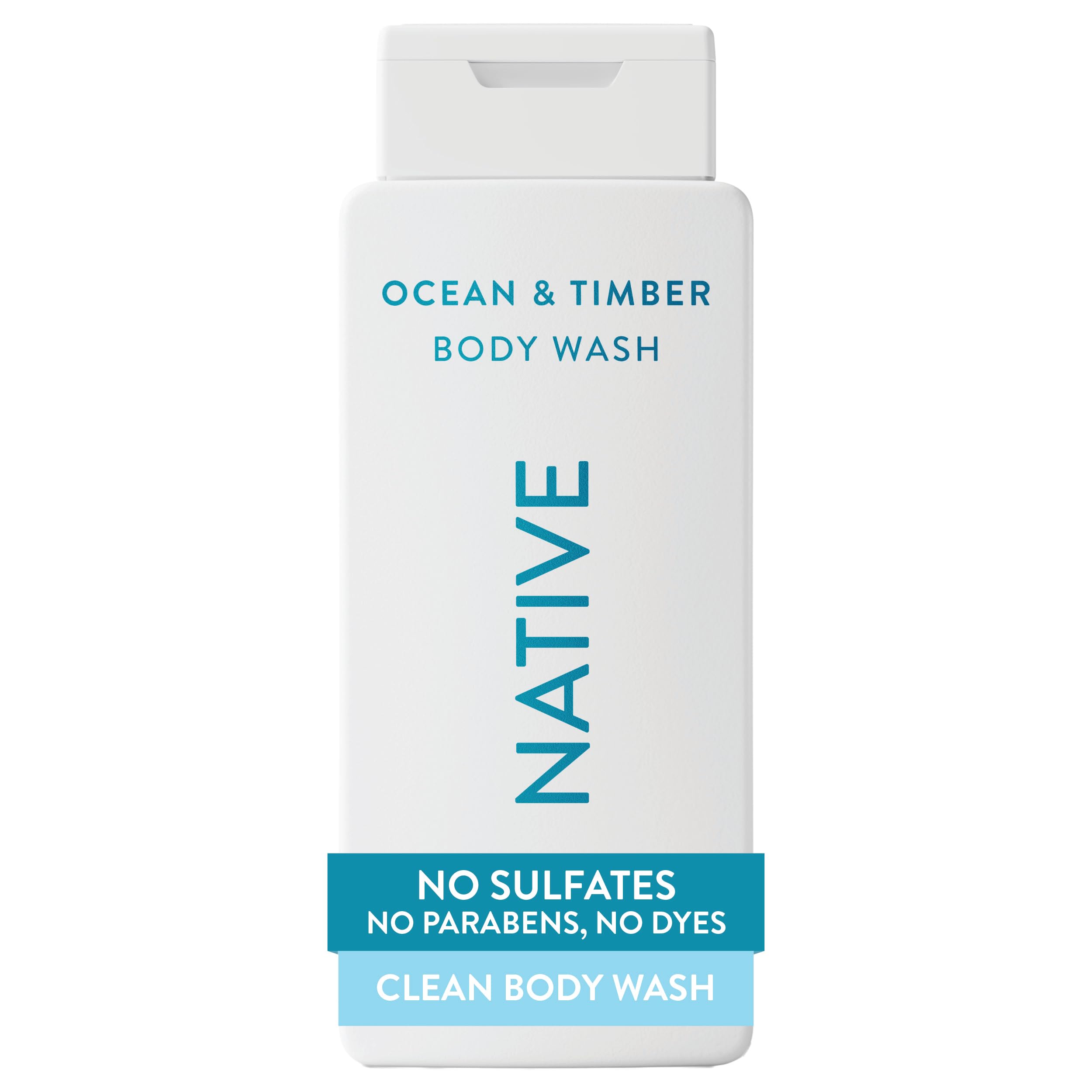 Native Gel de Ducha Oceano y Madera, botella en estante para piel suave