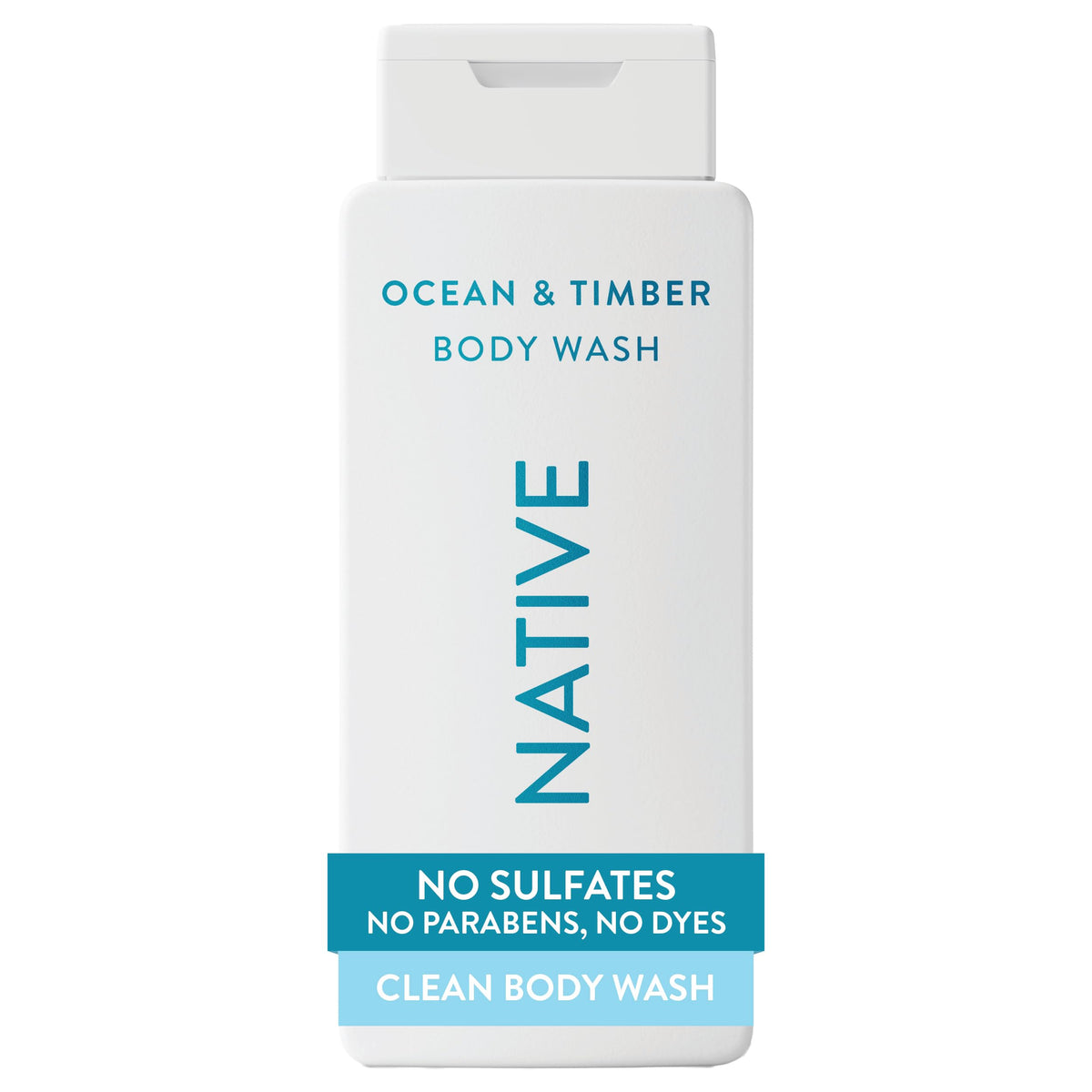 Native Gel de Ducha Oceano y Madera, botella en estante para piel suave