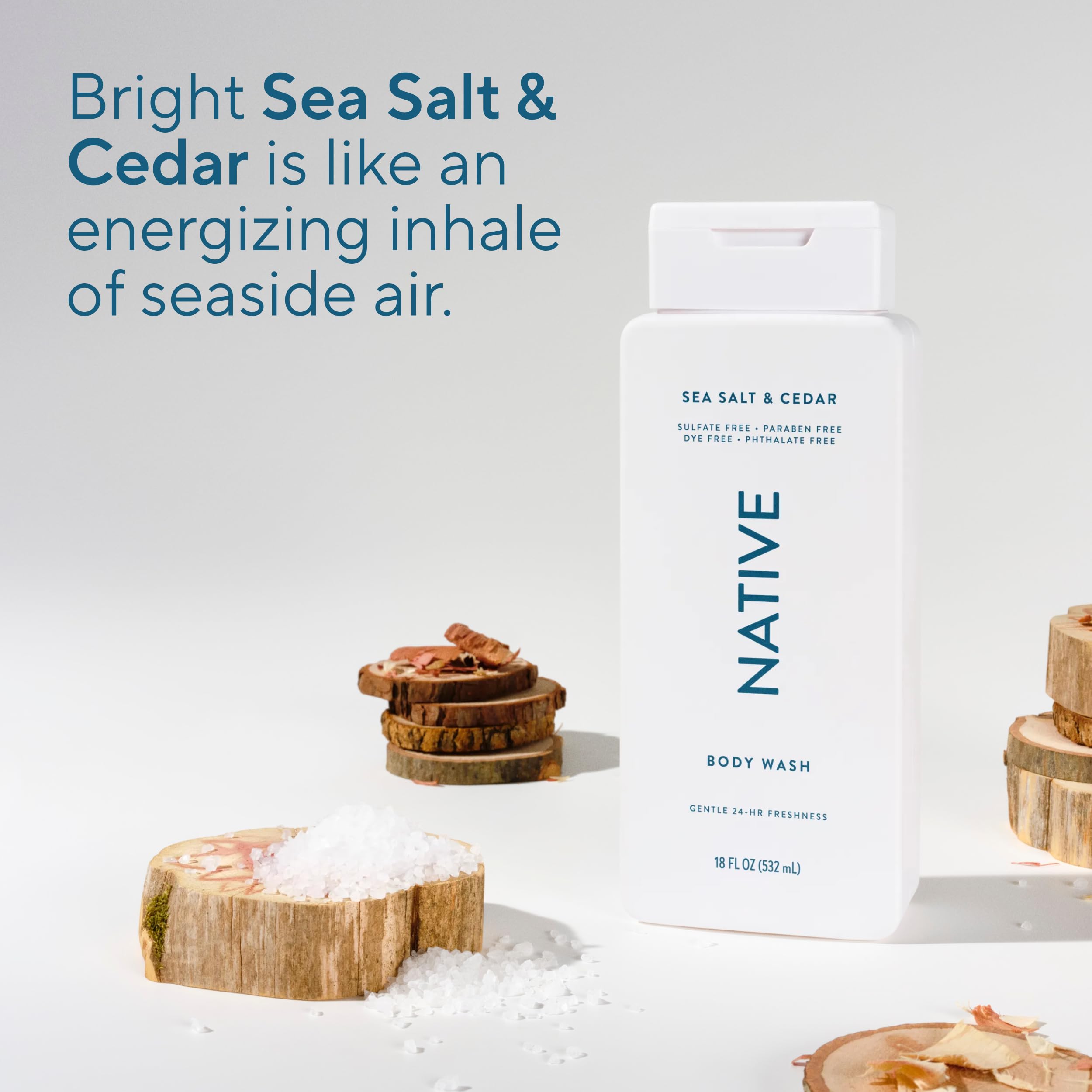 Native gel de ducha, embalaje minimalista que se ve limpio y moderno.