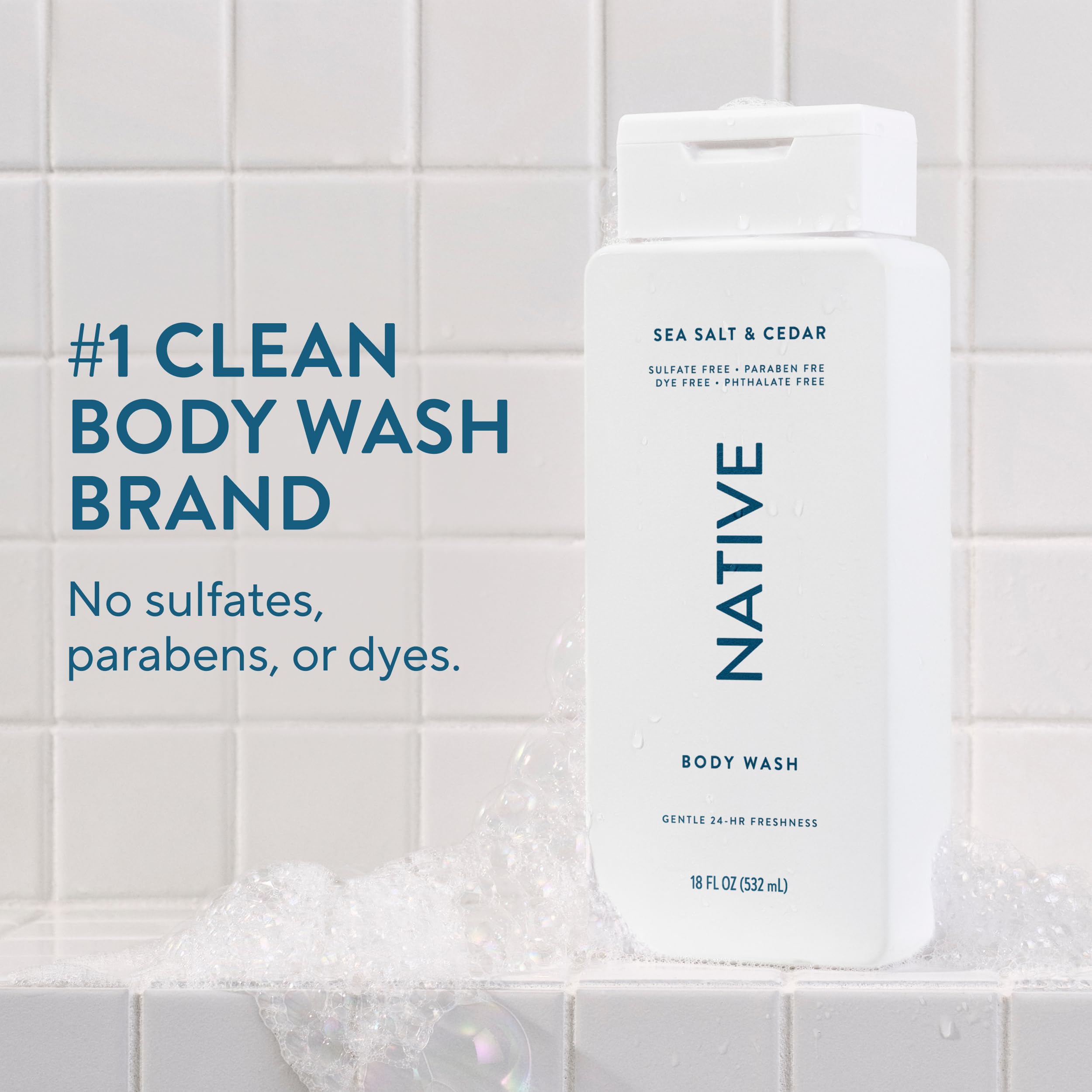 Native gel de ducha, textura espumosa suave para piel hidratada tras la ducha.
