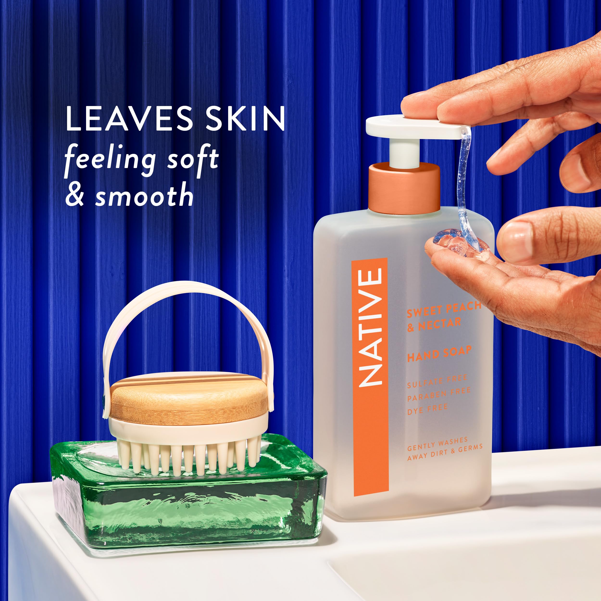 Native hand soap on bathroom shelf with other scents.