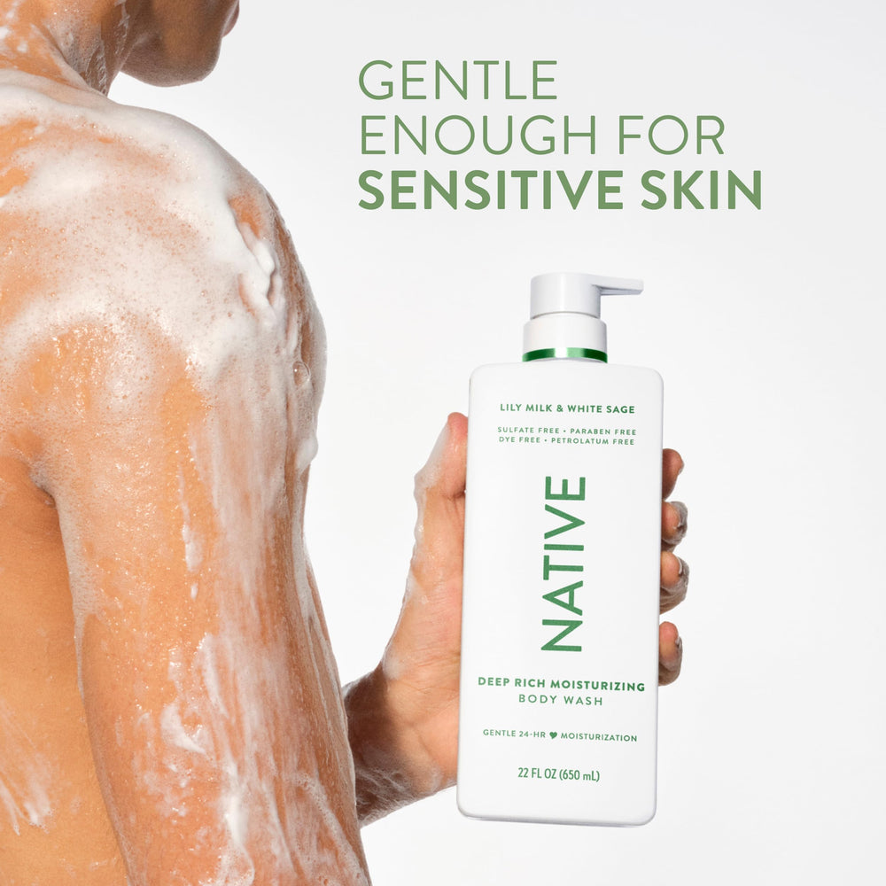 Envase moderno de Native Lily Milk & White Sage para el baño.