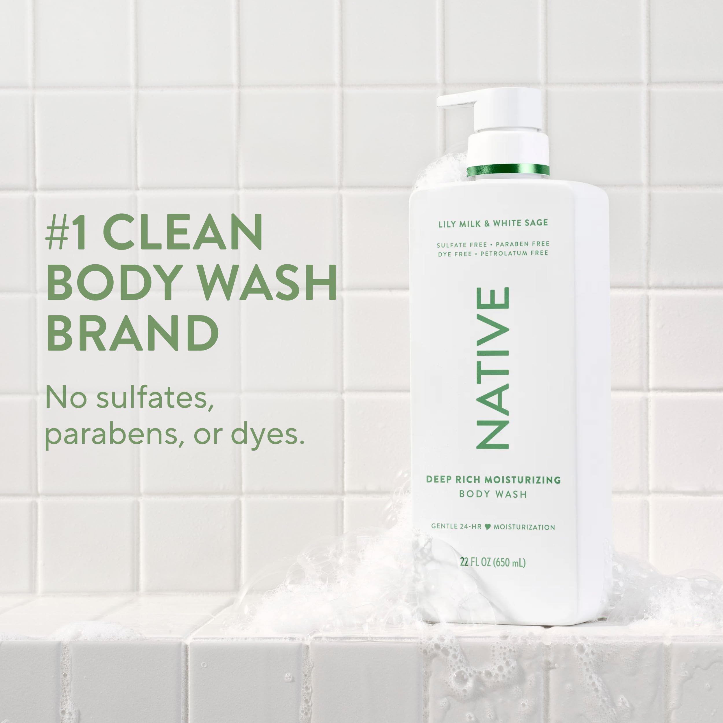 Native Lily Milk & White Sage, espuma cremosa para limpieza suave.